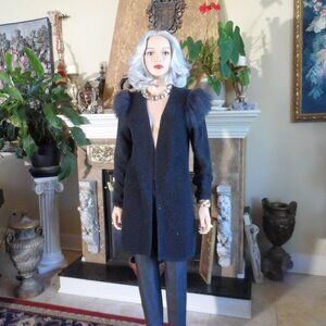 Neiman Marcus Drak Gray 100% Cashmere Cardigan w/Silver Fox Fur Trim Size M